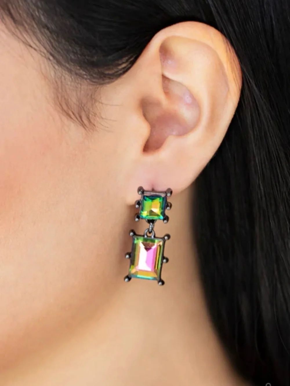 Paparazzi  cosmic queen Iridescent Green and Pink Drop Earrings